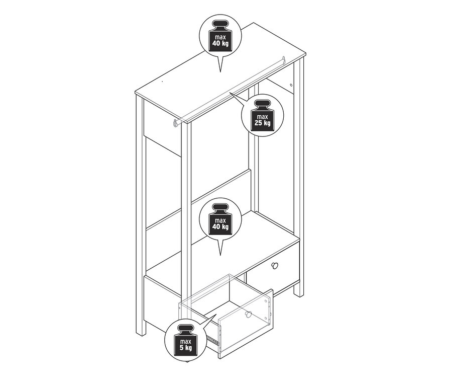 Náčrt předsíňové stěny s velkými zásuvkami a maximální nosností 5 až 40 kg.