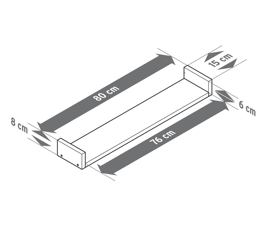 Diagram znázorňuje nástěnnou polici o rozměrech cca 80 cm.