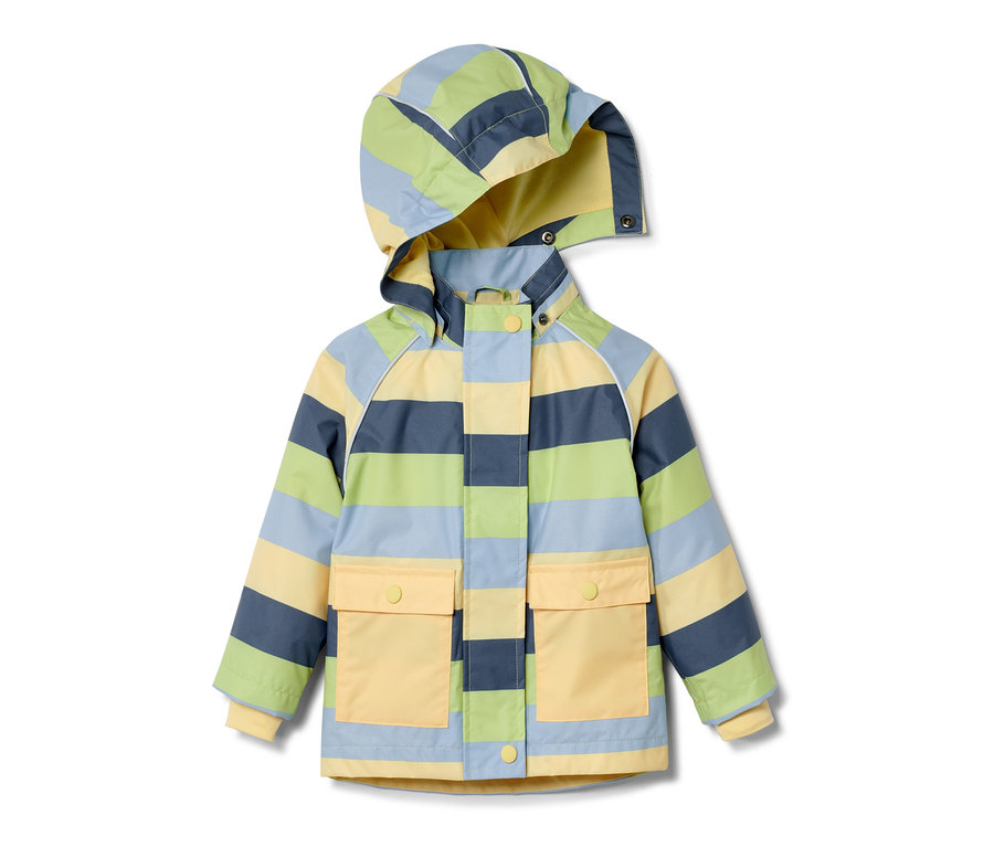 Dětská bunda do deště s proužky v modré, zelené a žluté barvě.