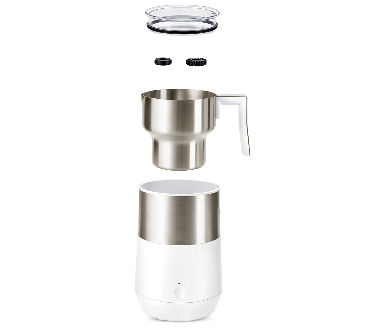 Rozložený indukční napěňovač mléka v krémové a bílé barvě.