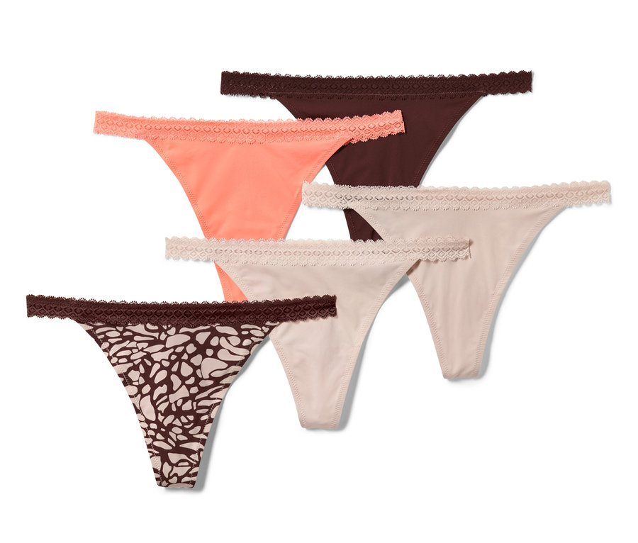 Pětice tang s krajkou v barvách: hnědá, lososová a béžová.