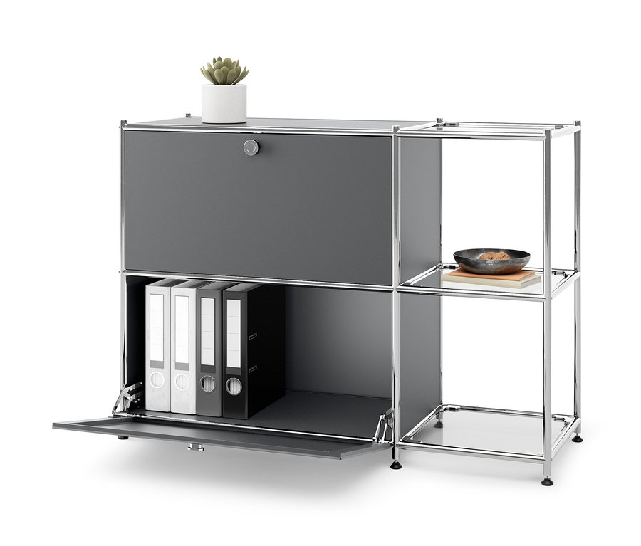 Šedá kovová odkládací skříňka »CN3« se 2 výklopnými dvířky, s pořadači uvnitř a rostlinou nahoře.