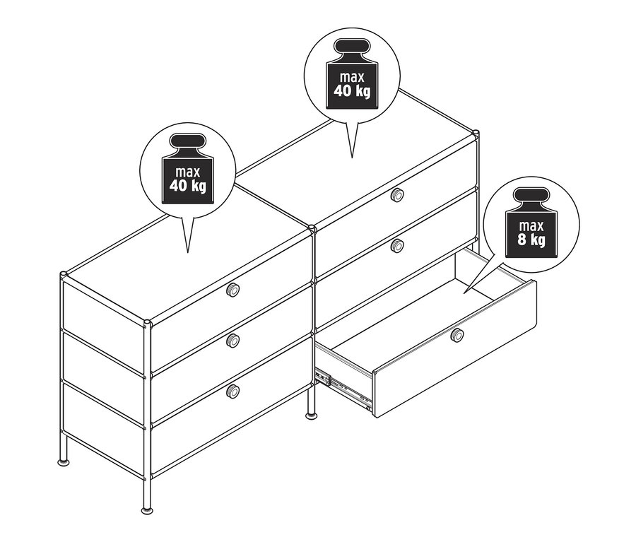 Nákres kovové komody »CN3« se 6 zásuvkami, jedna zásuvka je otevřená.