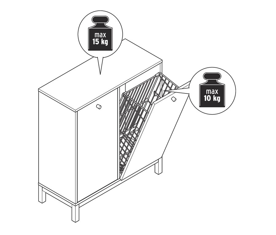 Náčrt regálu s košem na prádlo, s otevřenými dvířky koše na prádlo.