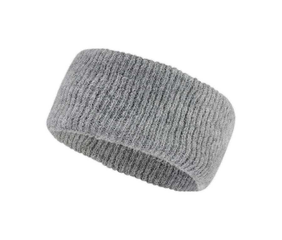 Šedá pletená čelenka.