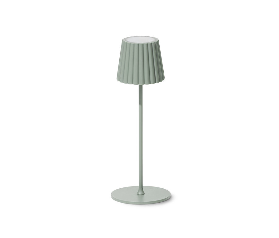 Stolní LED lampa s akumulátorem šalvějové barvy.