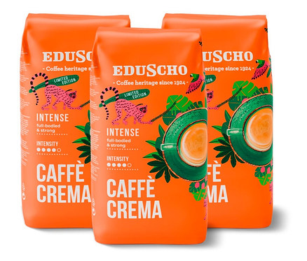 Tři balení zrnkové kávy Eduscho Caffè Crema Intense po 1 kg.