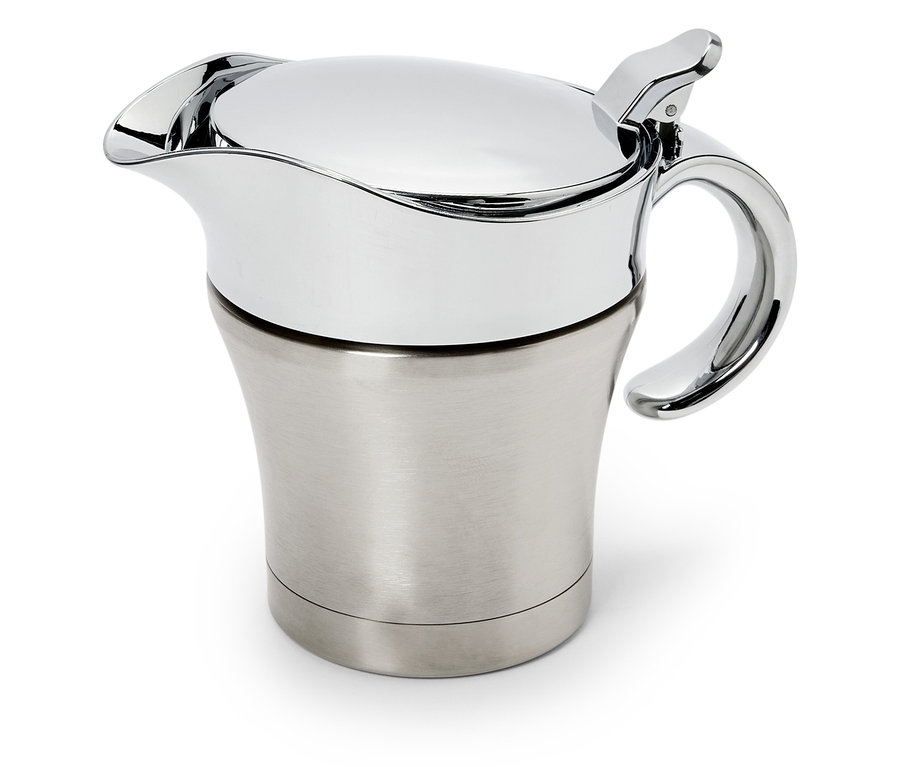 Nerezová termoska s chromovaným víkem a rukojetí.