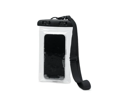 Vodotěsné pouzdro na smartphone s černým telefonem uvnitř a černým popruhem.
