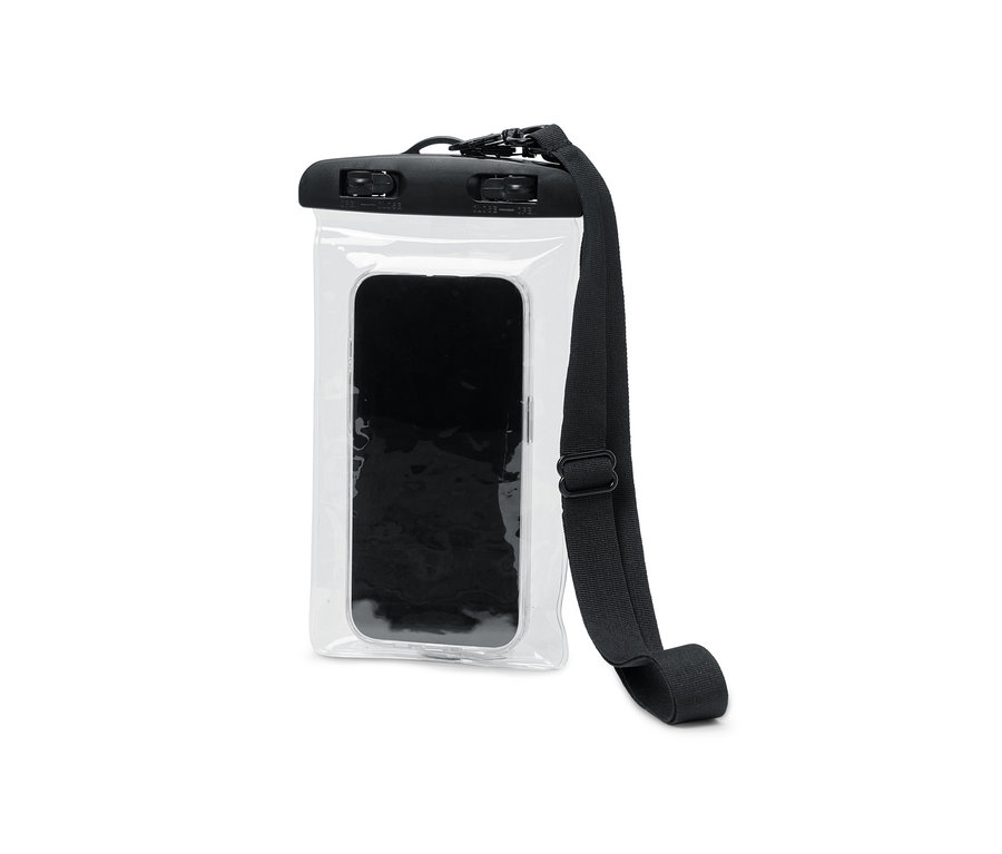 Vodotěsné pouzdro na smartphone s černým telefonem uvnitř a černým popruhem.