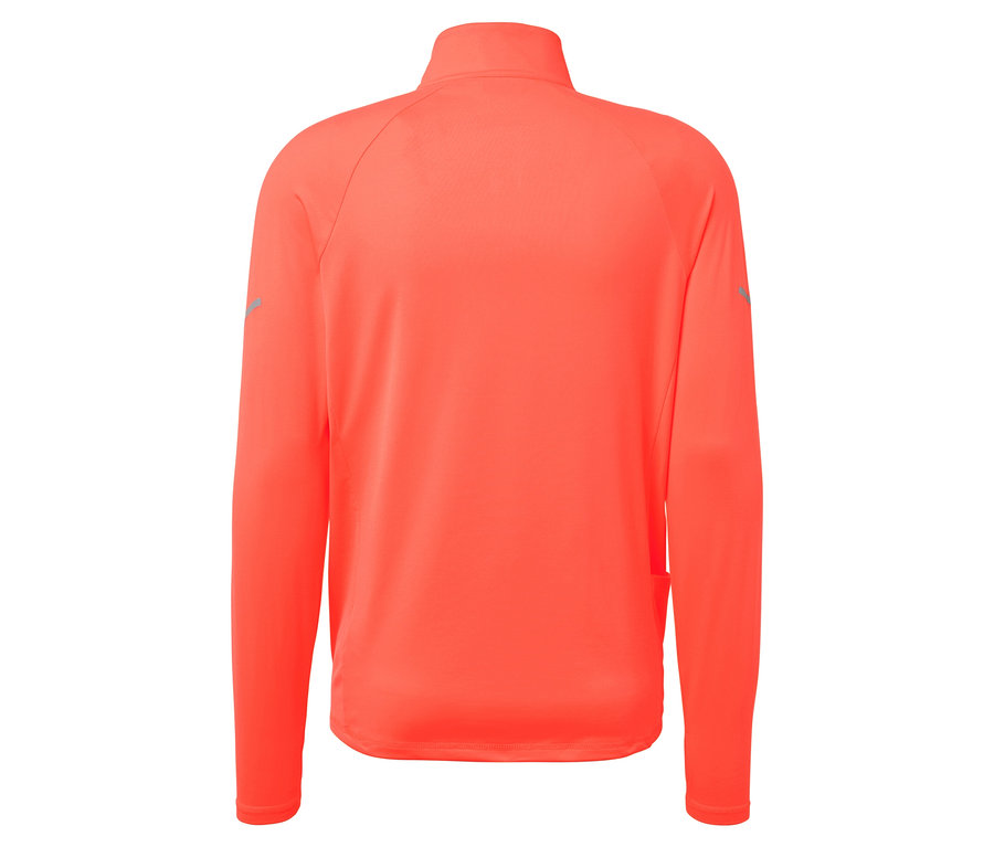 Zadní pohled na korálově červenou mikinu na zip s dlouhým rukávem.