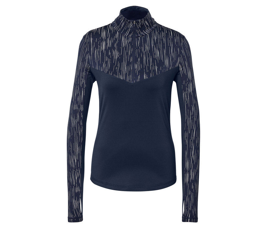 Tmavě modrý top s dlouhým rukávem a abstraktním vzorem.