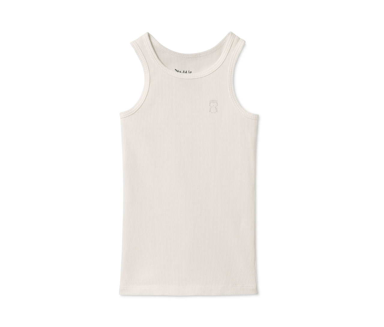 Bílý nátělník z jemně žebrované pleteniny.