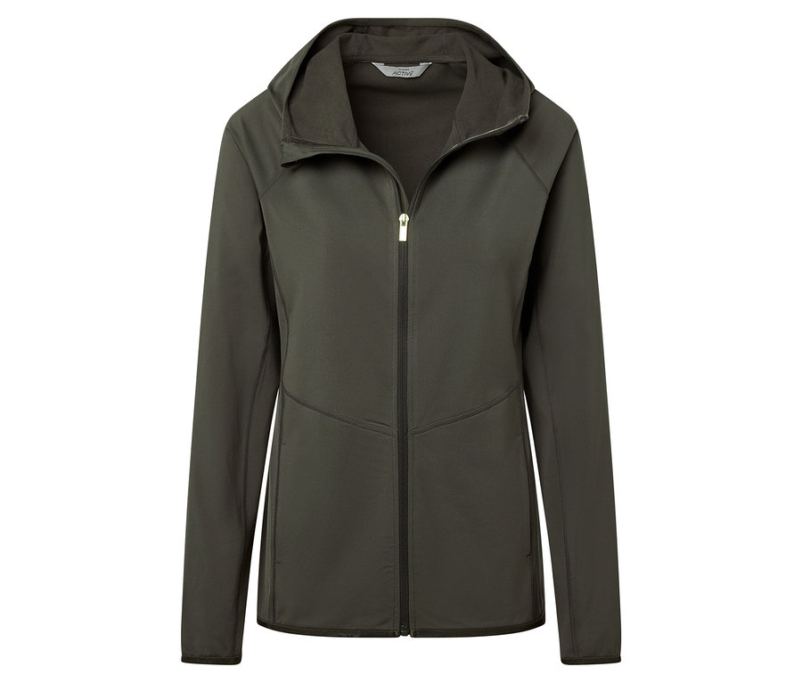 Zelená sportovní bunda se zipem a kapucí.