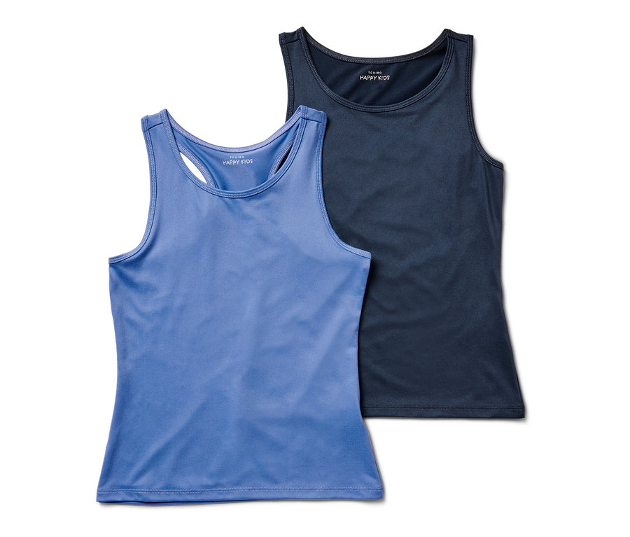 Dvoje dětská sportovní tílka: modré a tmavě modré.