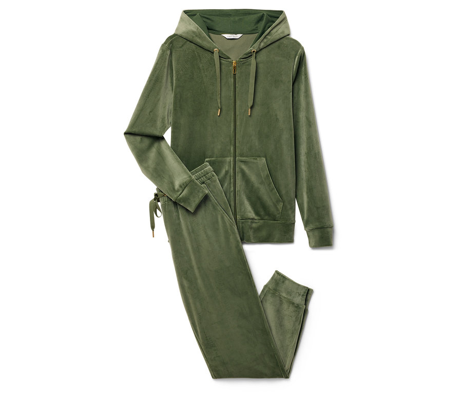 Zelená velurová tepláková souprava s kapucí a kalhotami.