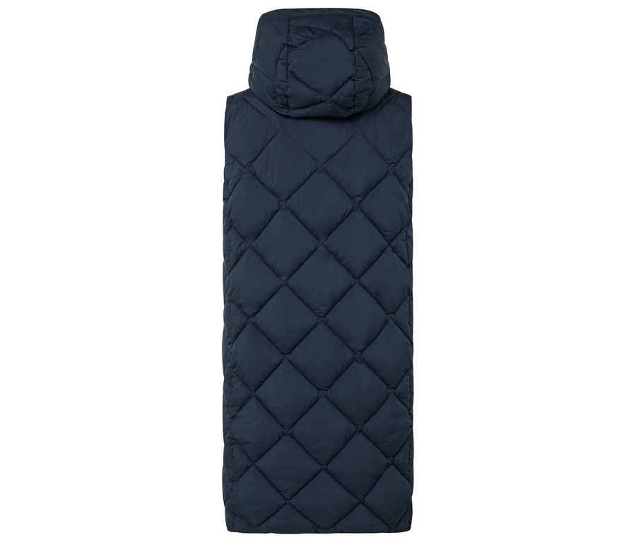 Tmavě modrá prošívaná dlouhá vesta s kapucí.