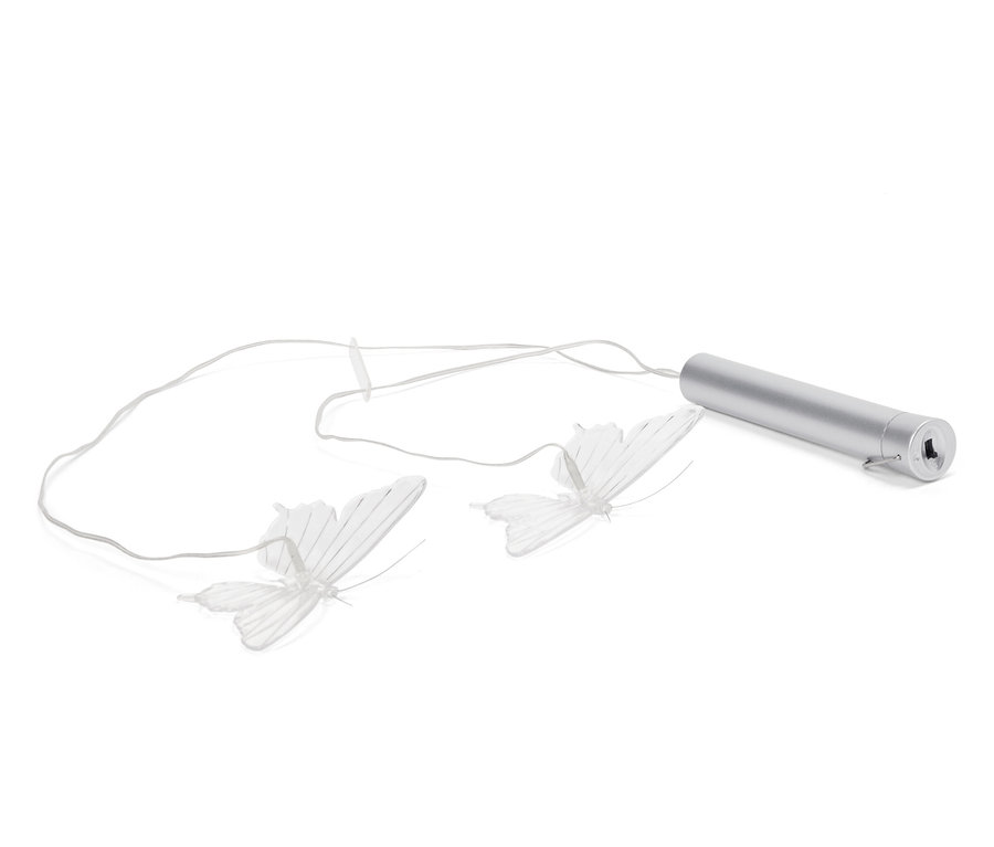 Dvě bílé motýlí světla připojená ke stříbrné trubici na bílém pozadí.