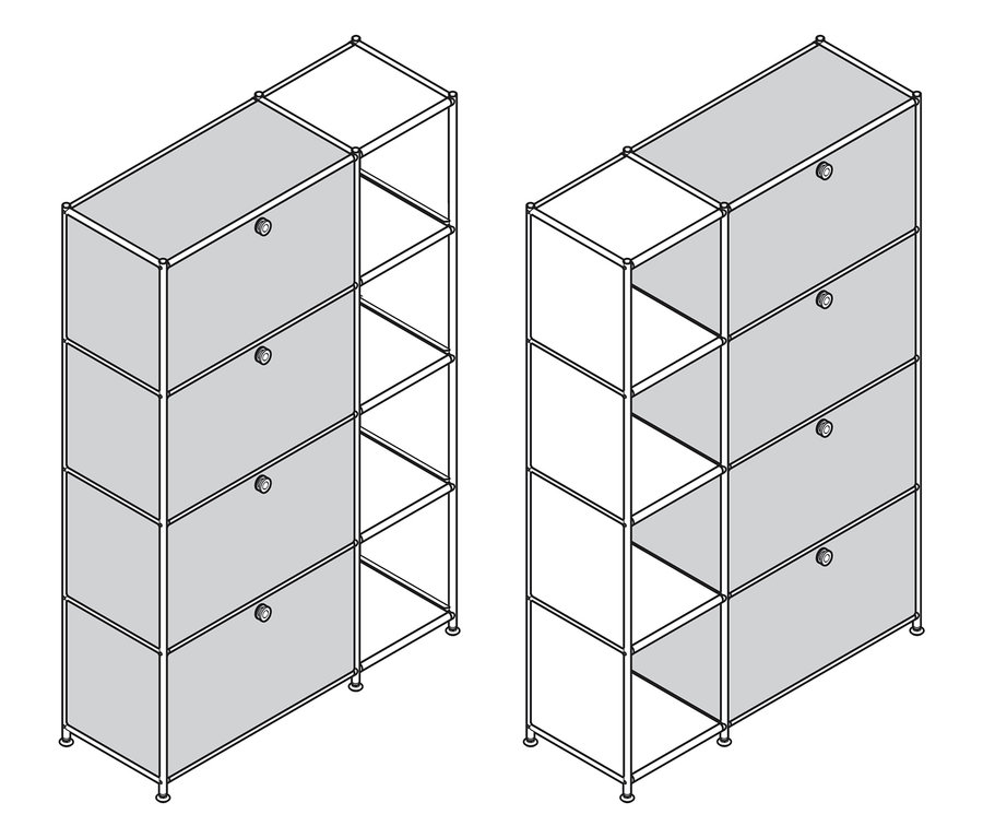 Dva kovové regály »CN3« se 4 výklopnými dvířky, jeden šedý, jeden bílo-černý, stojí vedle sebe.
