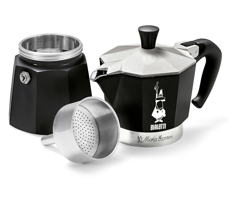 Rozložený na tři části černo-stříbrný kávovar Bialetti Moka Express.