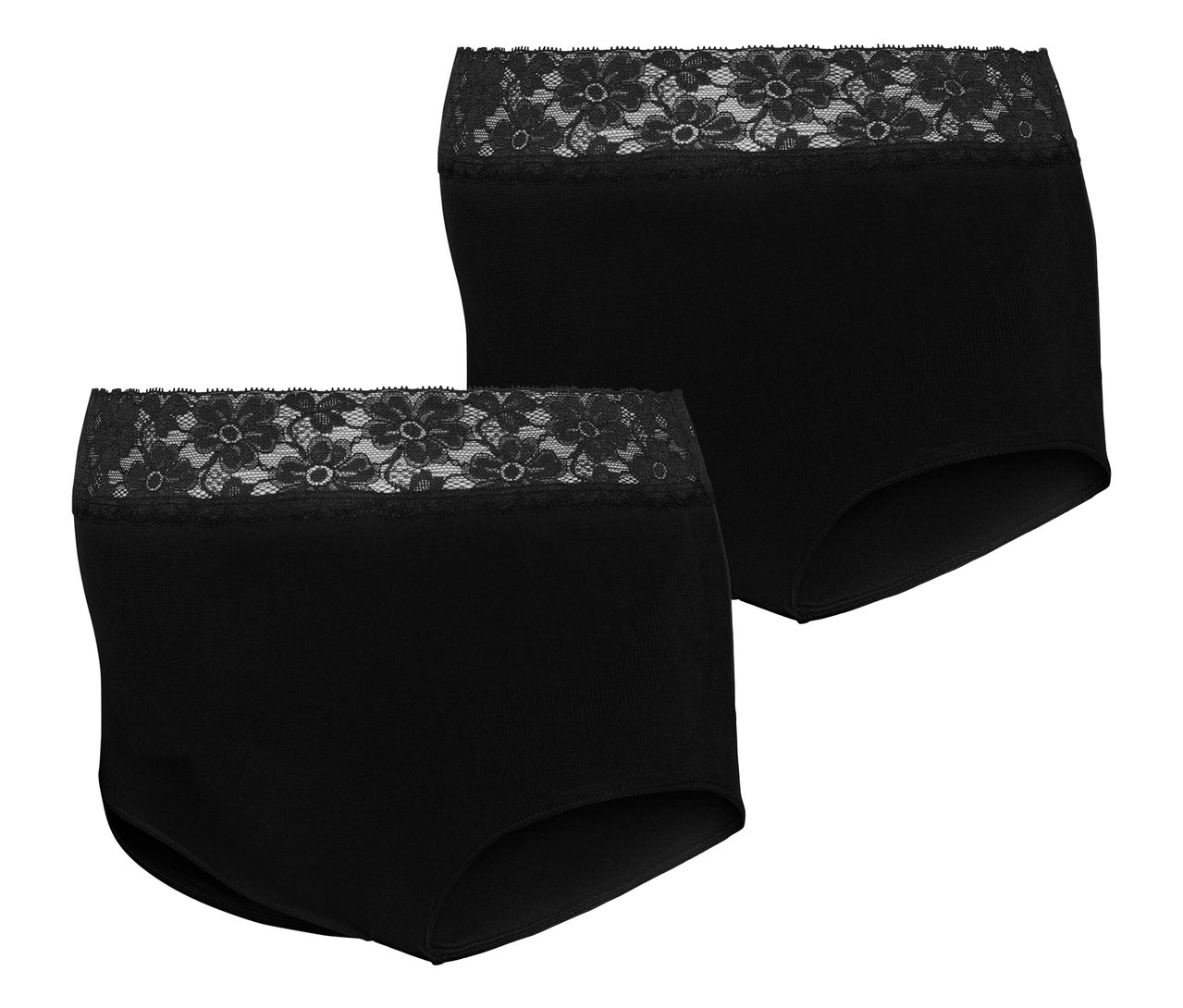 Dvoje černé kalhotky MAMALICIOUS MLHEAL HW LACE PANTIES 2-P NOOS leží na sobě.