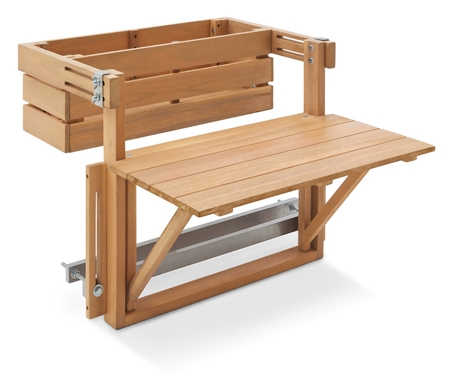 Dřevěný stůl s úložným boxem připevněný ke zdi.