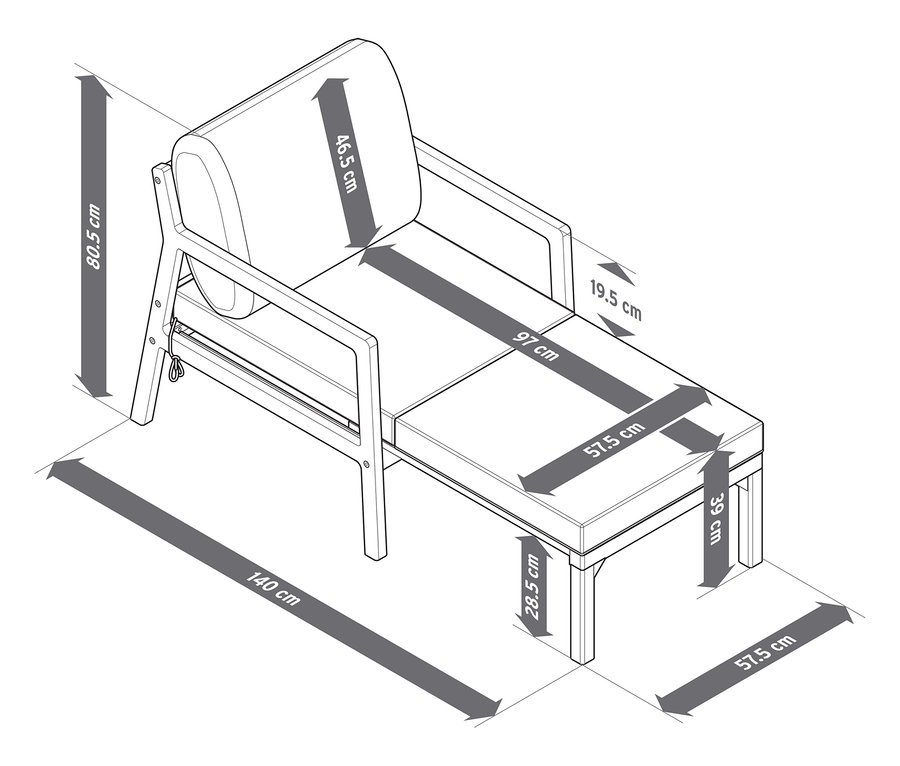 Zobrazeny podrobné rozměry rozkládacího zahradního křesla.