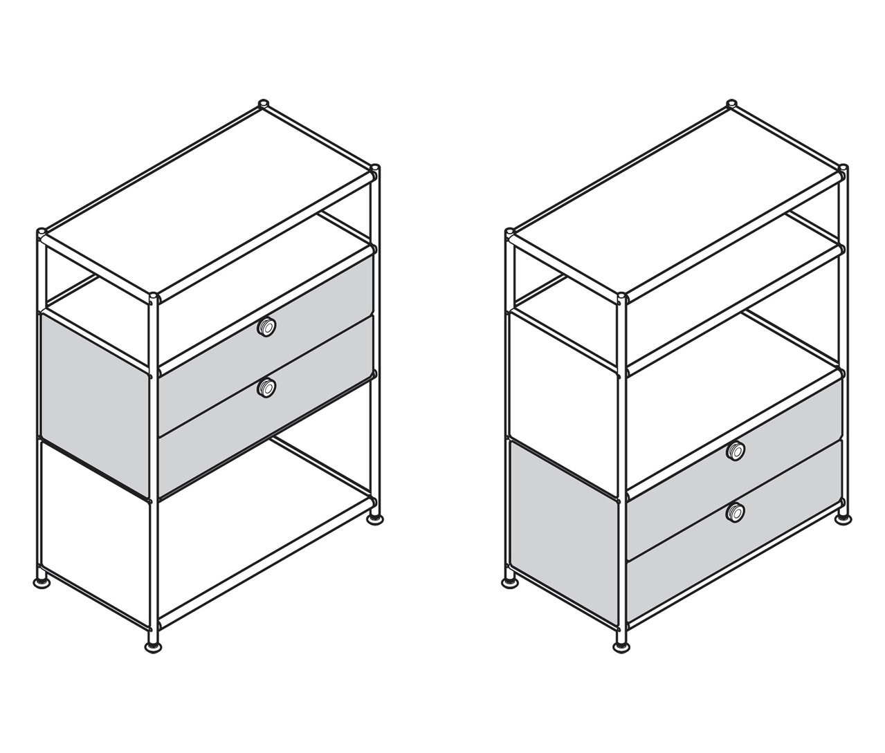 Dvě kovové komody »CN3« se 2 zásuvkami.