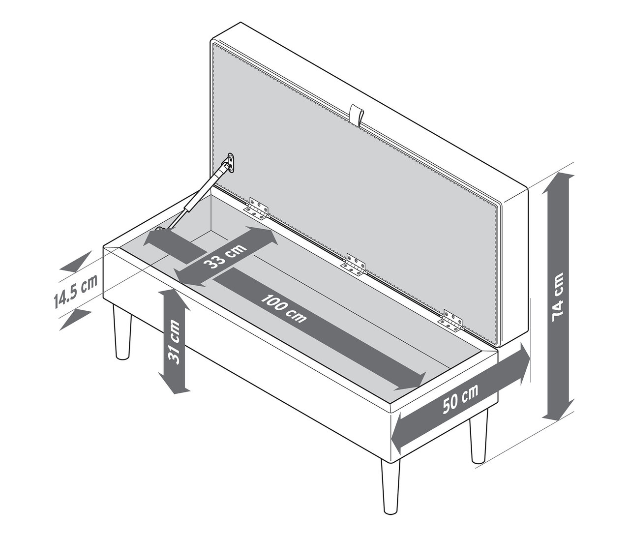 Na obrázku je polstrovaná lavice s úložným prostorem s otevřeným víkem a rozměry.
