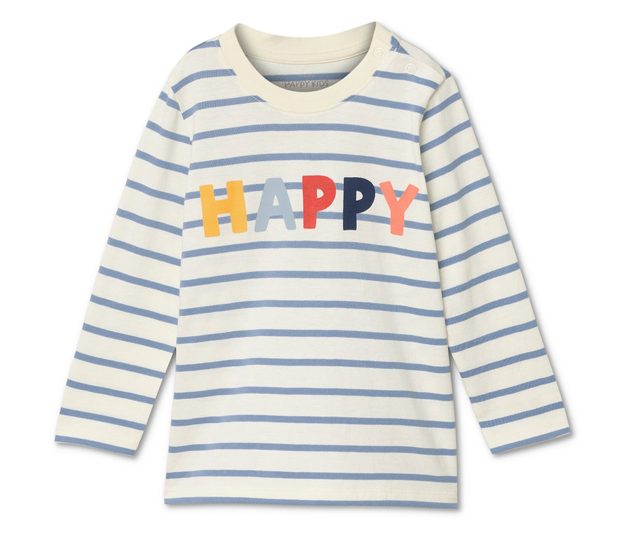 Tričko s dlouhým rukávem s modro-bílými pruhy a nápisem HAPPY barevnými písmeny.