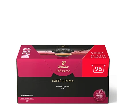Velké černo-purpurové balení Tchibo Cafissimo Caffè Crema s 96 kávovými kapslemi.