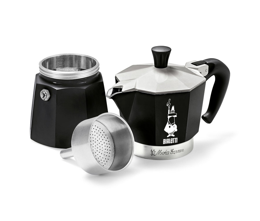 Rozložený na tři části černo-stříbrný kávovar Bialetti Moka Express.