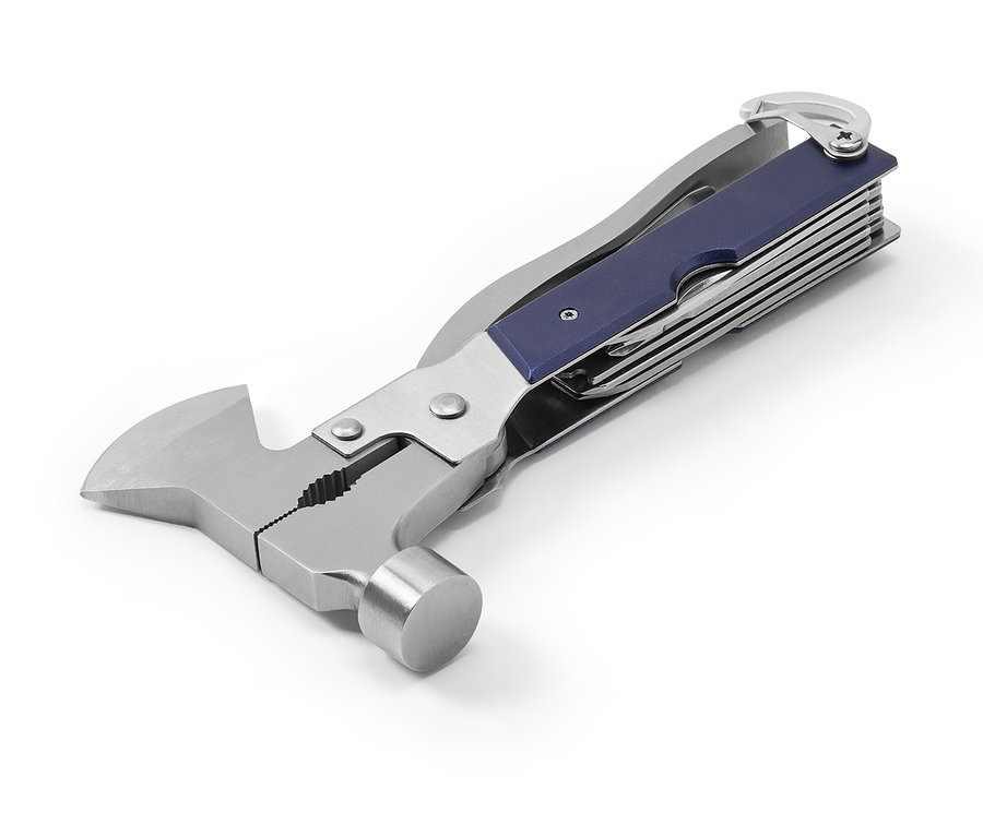 Kombinované nářadí s kladivem, kleštěmi a modrou rukojetí na bílém pozadí.