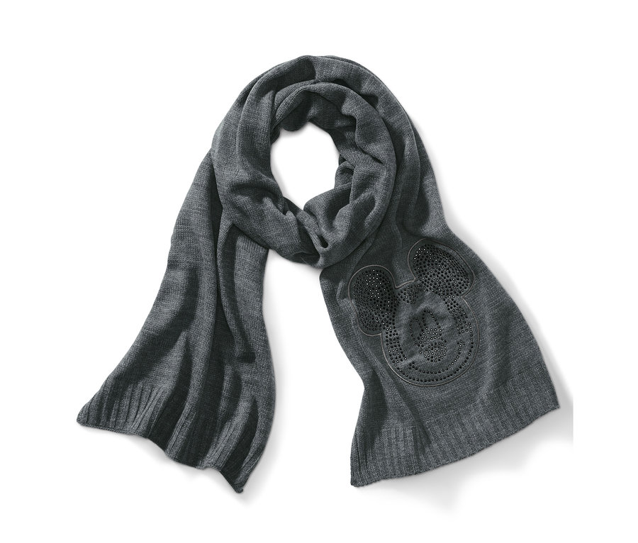 Šedá pletená šála Disney s motivem Mickey Mouse na konci.