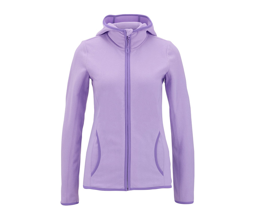 Mikrofleecová bunda světle fialové barvy s kapucí a zipem.