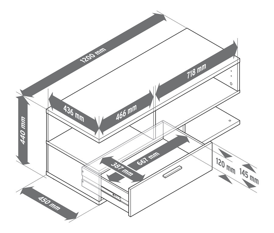 Diagram televizní skříňky s rozměry.