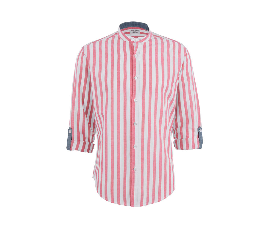 Pánská košile se stojáčkem s korálově-bílými pruhy.