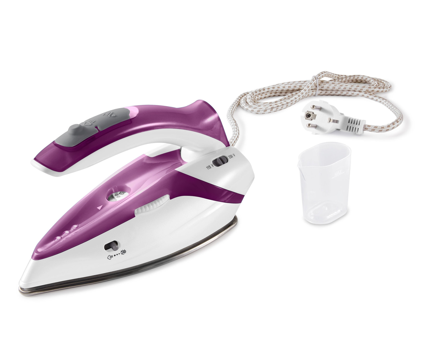 Fialovo-bílá cestovní žehlička s kabelem a plastovým kalíškem.