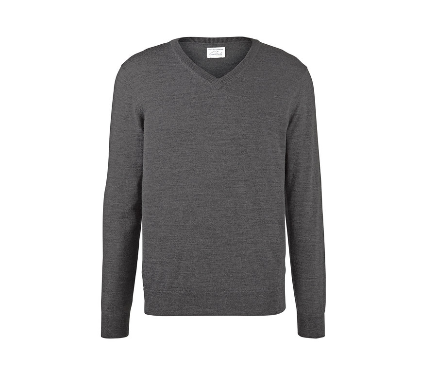 Šedý svetr z vlny merino s výstřihem do V.