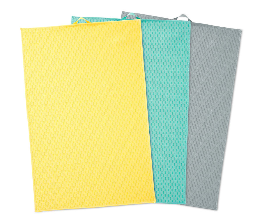 Žlutá, tyrkysová a šedá utěrka na nádobí, 3 ks.