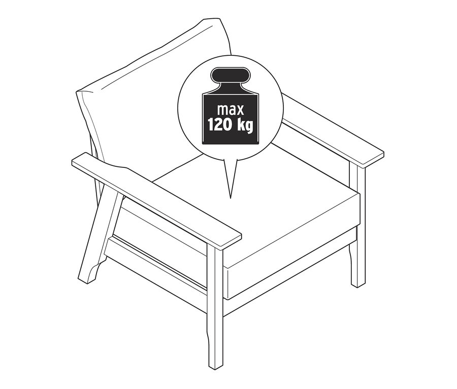 Nákres křesla z masivního jasanového dřeva s certifikací FSC®. Na křesle je bublina s nápisem max 120 kg.