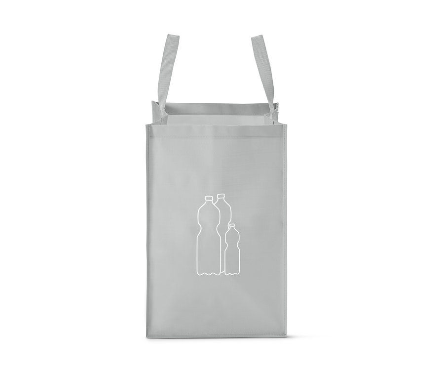 Šedá taška na třídění odpadu s bílým obrysem tří lahví.