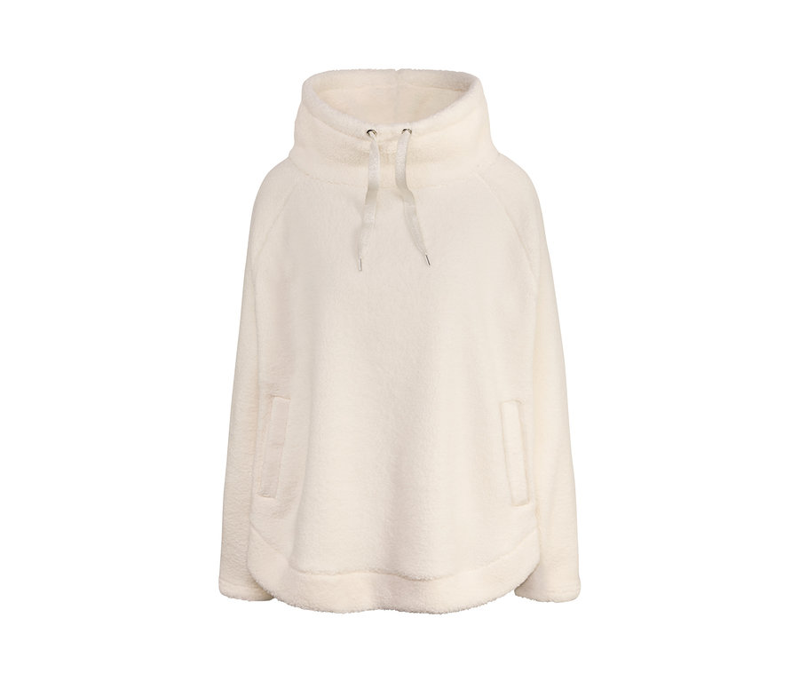 Krémová hebká mikina s kapucí a stahovací šňůrkou.