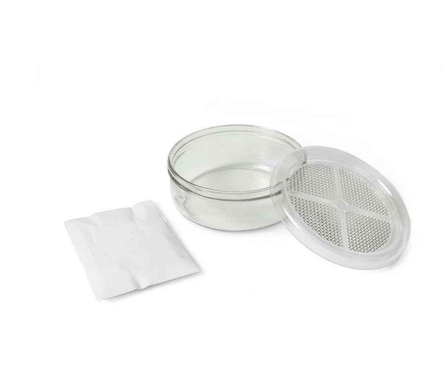 Sada na klíčení s průhlednou skleněnou nádobou, víkem a sáčkem semen.