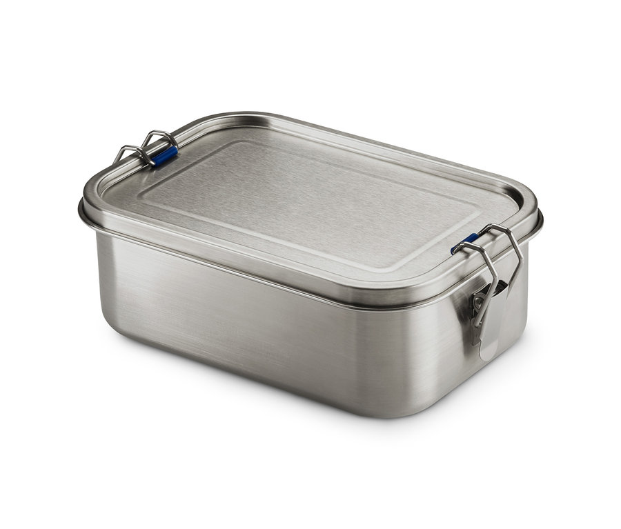 Cestovní dóza na svačinu z nerezové oceli s modrými detaily.