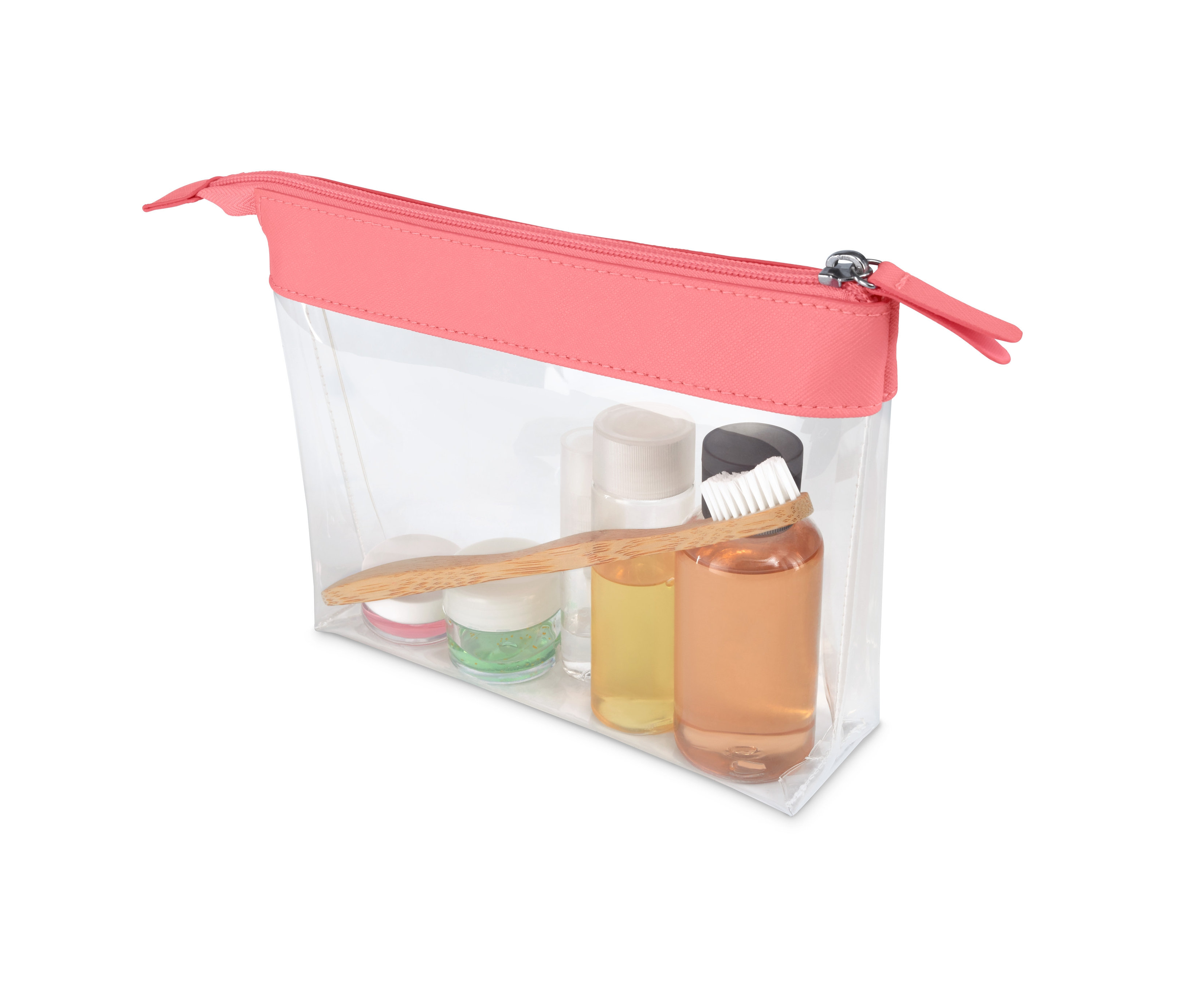 Průhledná kosmetická taštička do příručního zavazadla s růžovým zipem a obsahem.