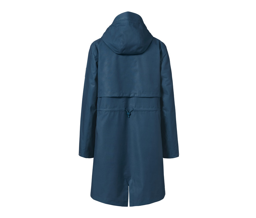 Tmavě modrá funkční parka do deště zezadu.
