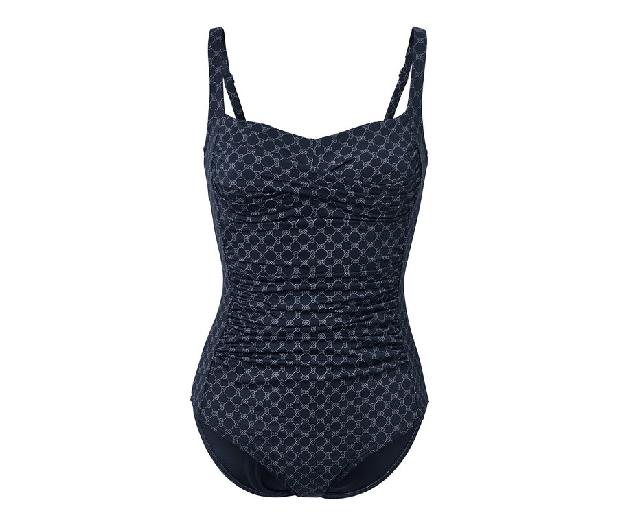 Modré tvarující plavky s celoplošným potiskem.