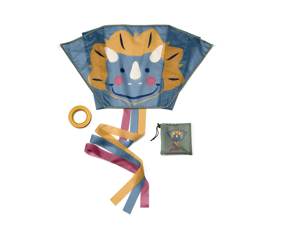 Modrý kapesní drak s obličejem dinosaura, žlutým kruhem a pouzdrem.