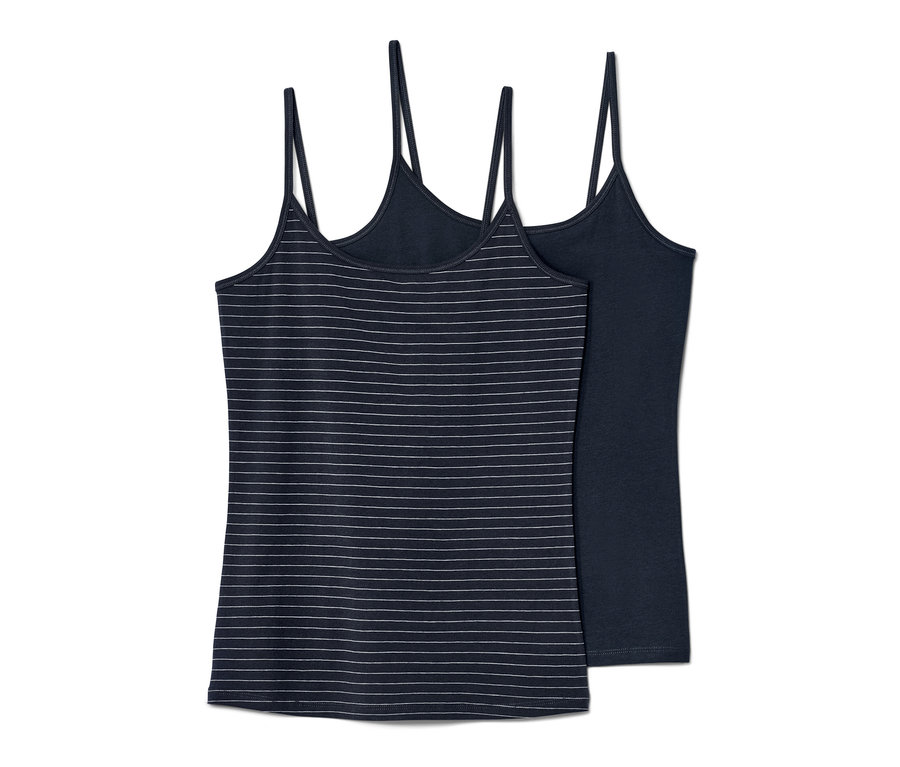 Dvě tílka se špagetovými ramínky: jedno proužkované a jedno jednobarevné.